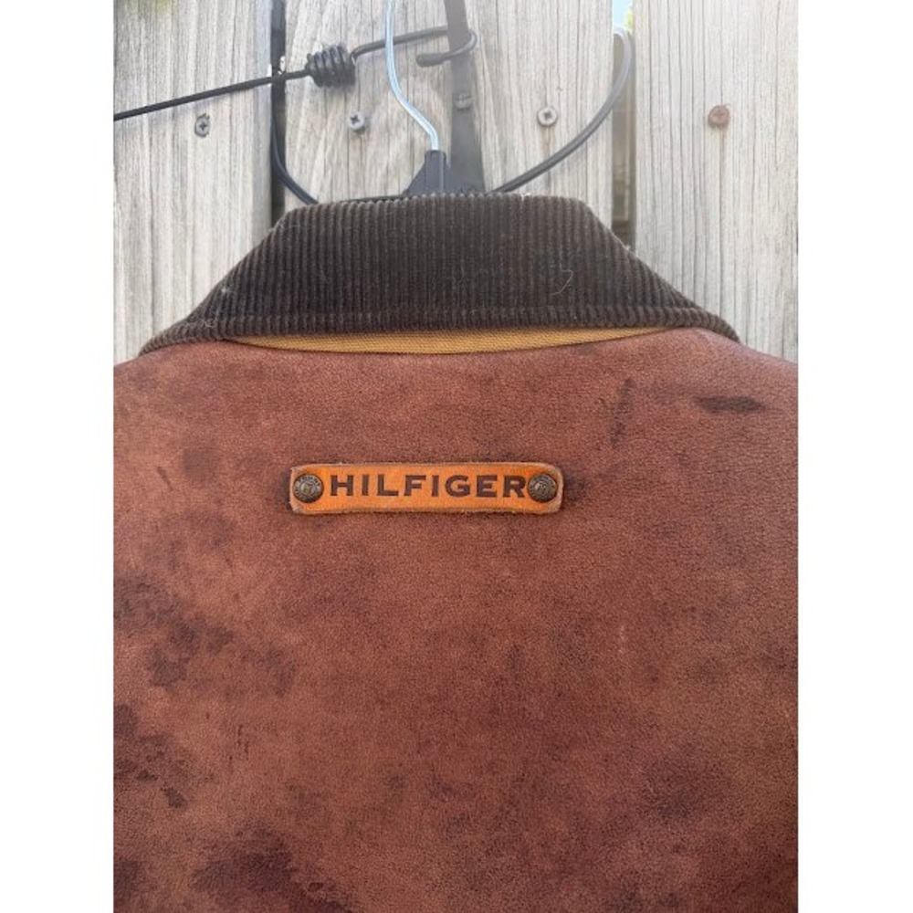 Vintage Tommy Hilfiger Canvas Barn Chore Jacket Tan Leather Yoke Corduroy Plaid - Picture 3 of 16